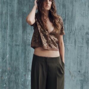 Zara Sequin Milk Chocolate Short Sleeve Button Down Cardigan